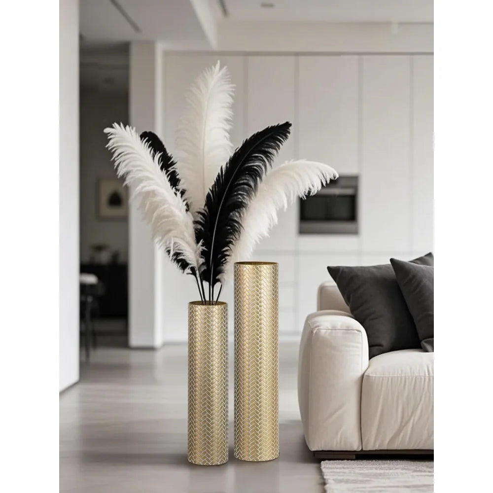 Extra Large Decorative Metal Cylinder Vases Set of 2 Tall Gold Woven Texture Floor Standing Vases - 27.6/21.7 inches Vin
