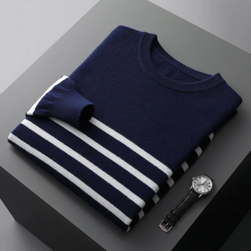 Men's New 100% Pure Wool Sweater O-neck Navy Style Striped Top Spring and Autumn Loose Youth Business Casual Cashmere Sweater