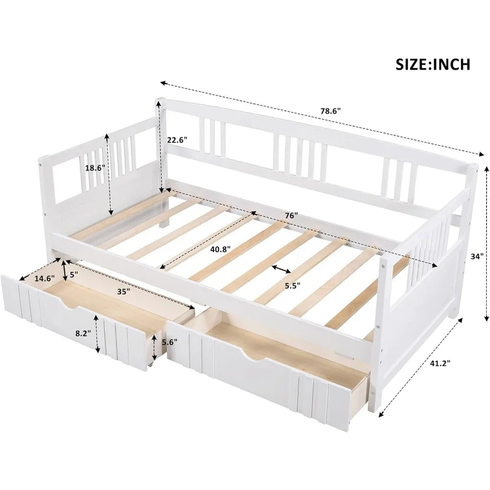 Daybed with Rails Twin Bed Wooden Slats Support Modern Living Daybed (Twin with Drawers, White)