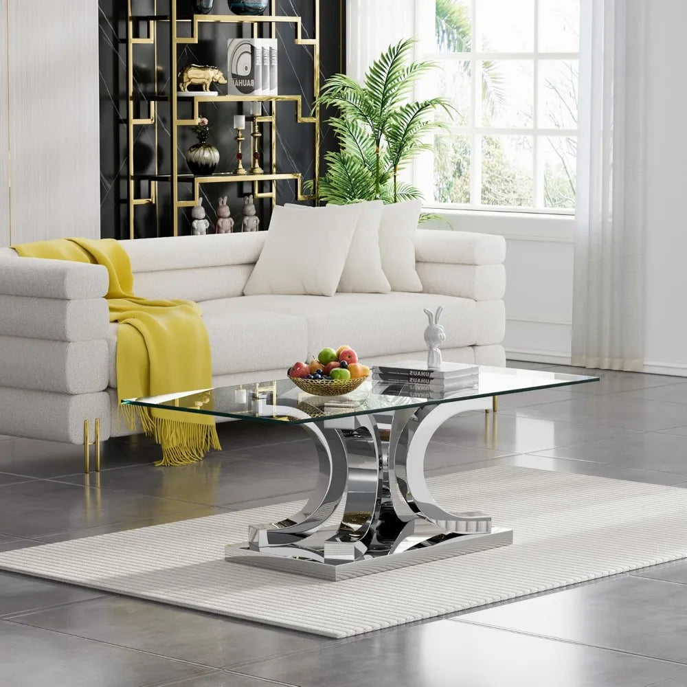 Glass Coffee Table with Gold 4C Stainless Steel Metal Leg, 47" Rectangular Clear Tempered Glass Center Stainless Steel Tea Table