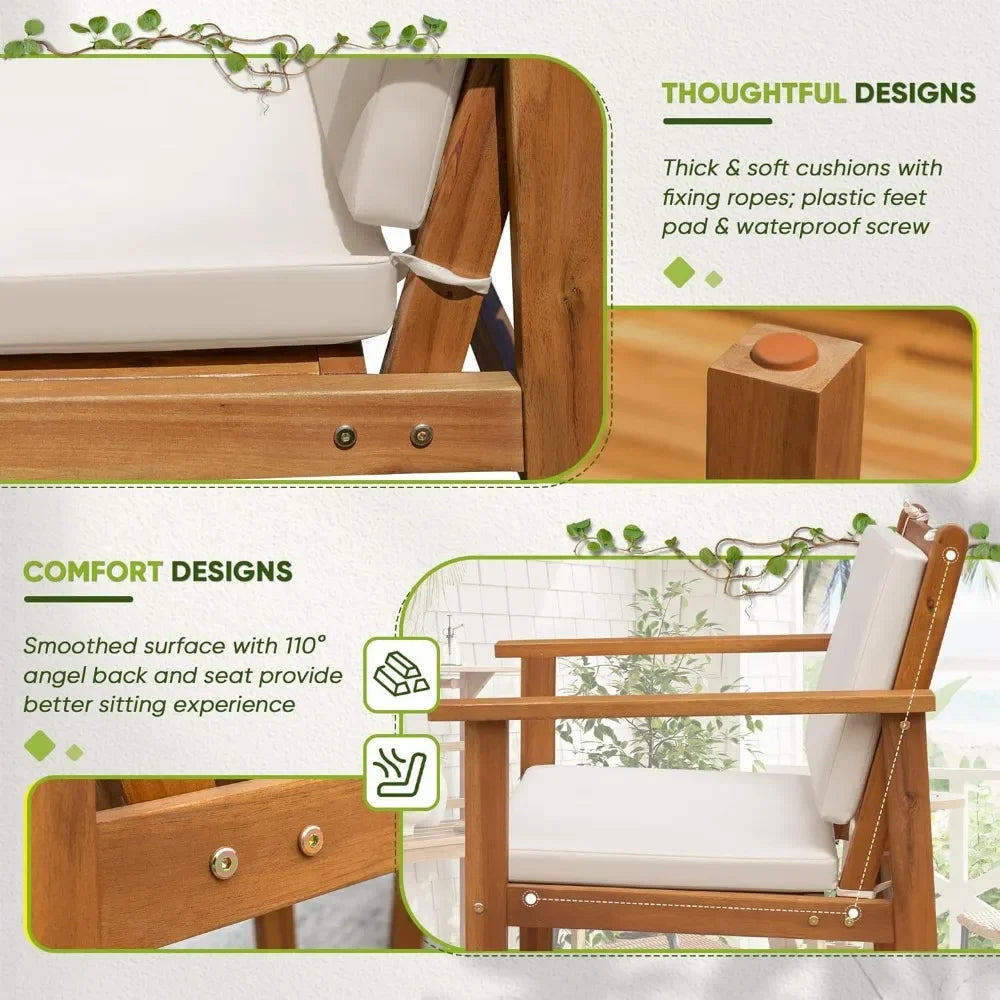 Patio Chairs 3 Piece Acacia Wood Patio Furniture with Coffee Table & Cushions Outdoor Conversation Set Balcony Chairs