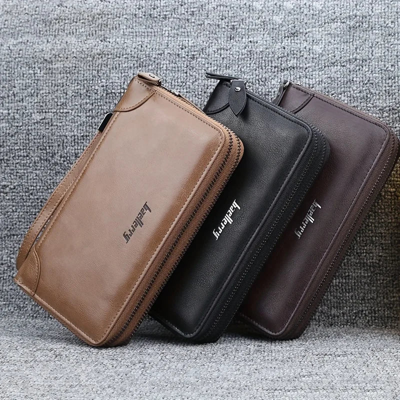 Men's Business Long Wallet, PU Leather Large Capacity Clutch Bag, Mobile Phone Bag With Wristlet, Double Zipper Handbag