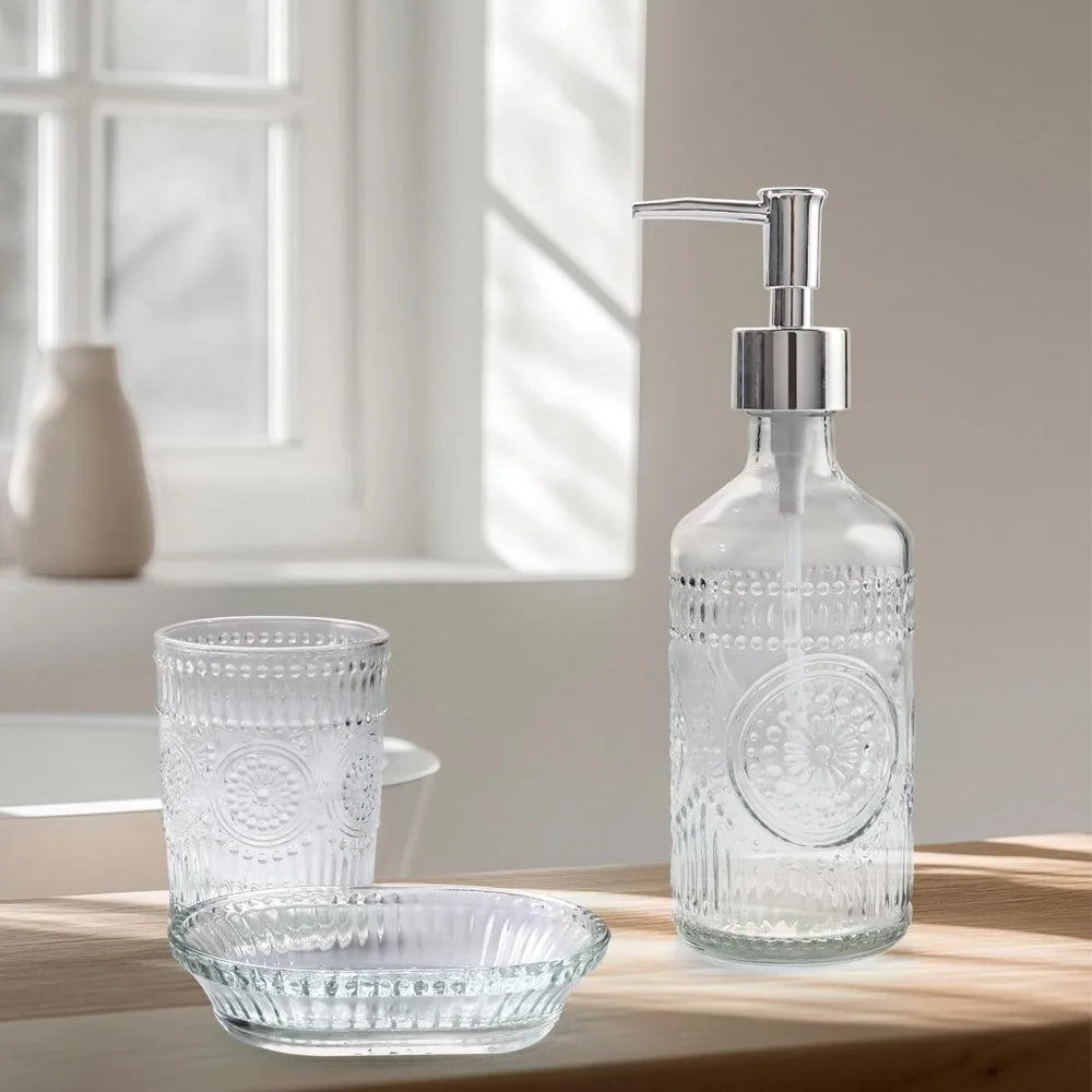 3pcs glass bathroom accessories set, lotion & soap dispenser, toothbrush holder, soap dish, modern bathroom countertop decor fo