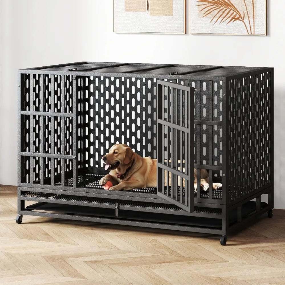 48/42 Inch Heavy Duty Indestructible Dog Crate Steel Escape Proof, Indoor Double Door High Anxiety Cage, Kennel with Wheels, Rem