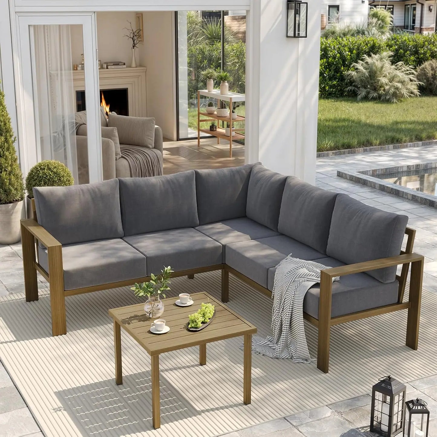 6 Piece Patio Furniture Set, Faux Wood Metal Outdoor Sectional Sofa with 6" Thick Olefin Cushions, Wide Armrest & Coffee