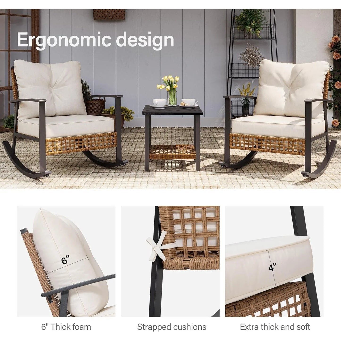 3 Pieces Rocking Bistro Set, Outdoor Patio Furniture Set with Thick Cushions and 2-Tier Coffee Table (Beige)