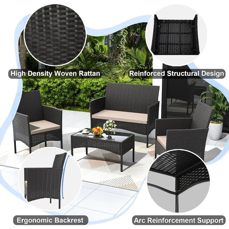 Gotland 4Piece Outdoor Patio Furniture Set Wicker Rattan Chairs Sofa with Cushions and Glass Coffee Table Conversation Set for