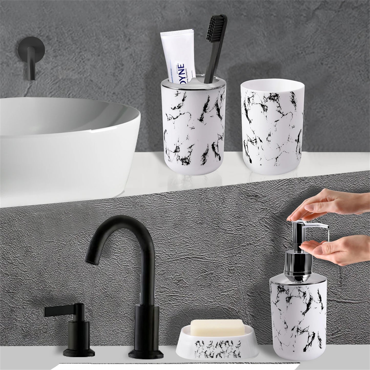 5-piece white/black marble bathroom set -  lotion bottle, toothbrush and toothpaste cup, mouthwash cup, soap dish, and box