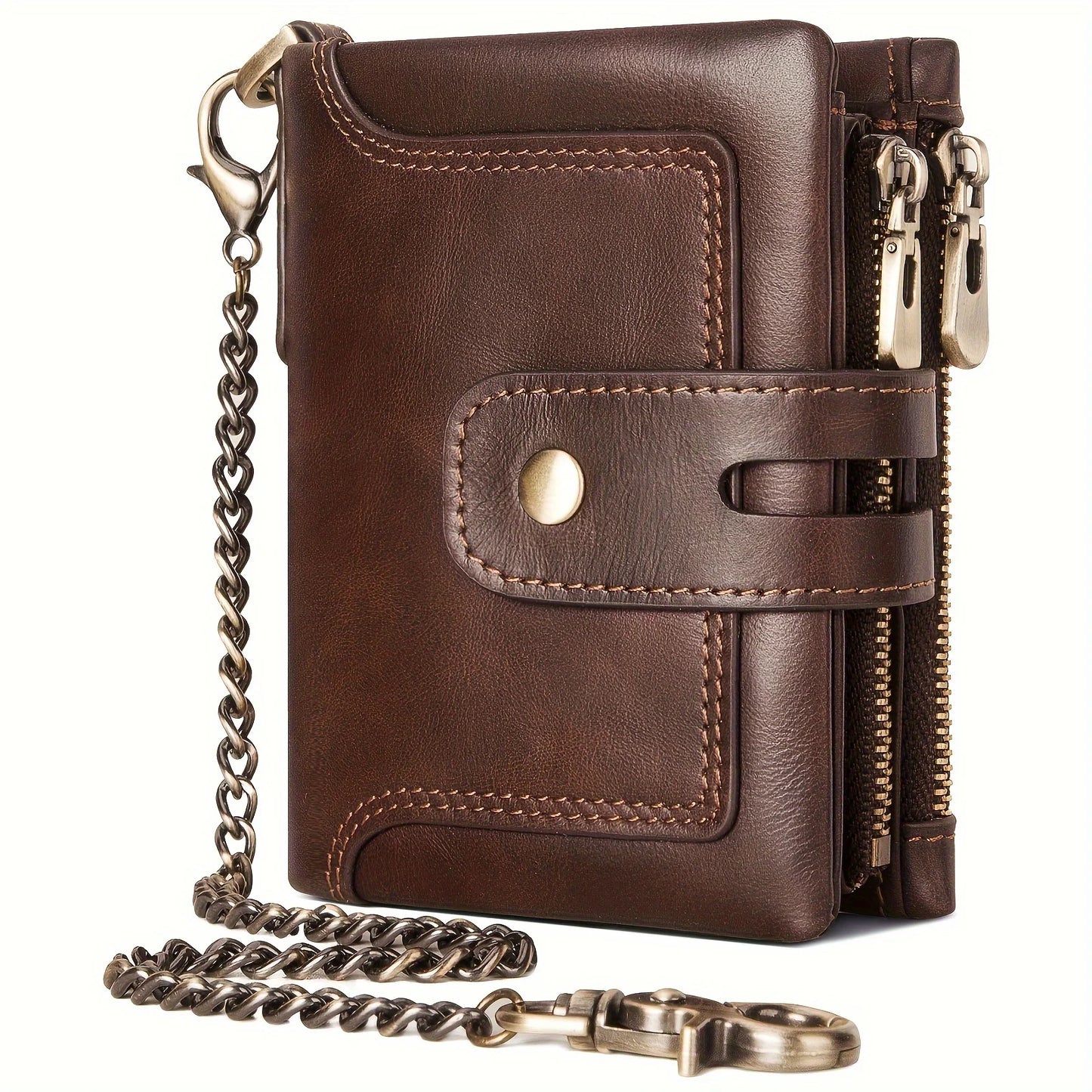 1pc Premium Top Layer Cowhide Leather Wallet - RFID Blocking, Bifold with Double Zipper Pockets & Anti-Theft Chain - Durable, St