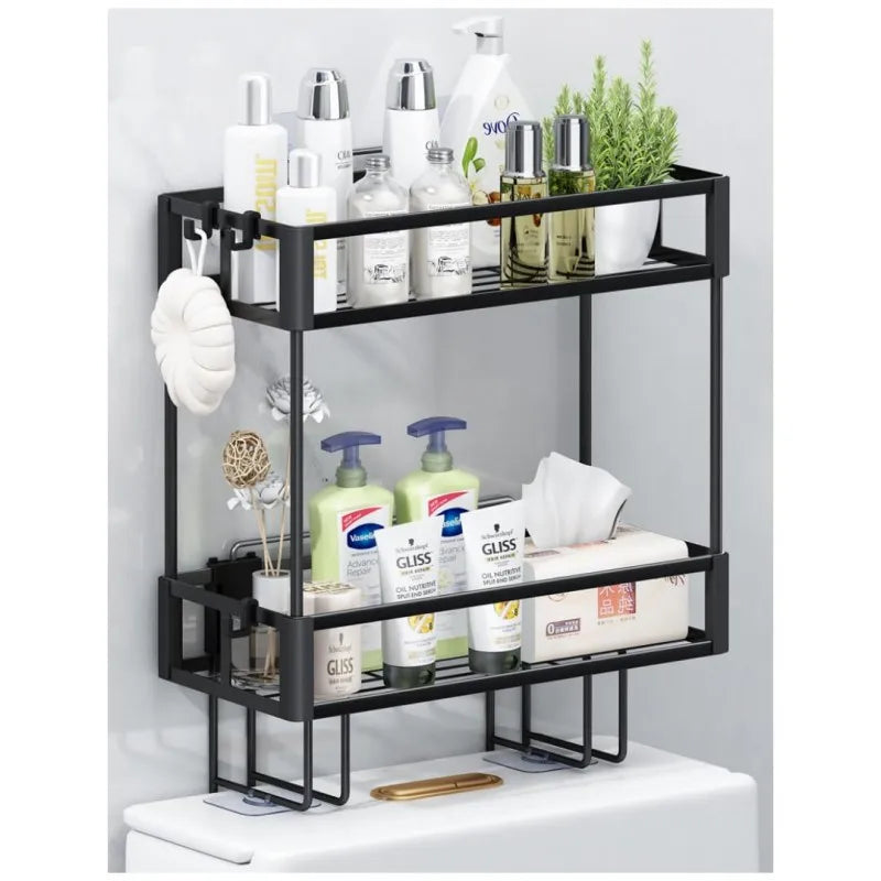Double-layer toilet storage rack, bathroom storage rack, multi-functional toilet rack, no drilling required, space-saving ，black