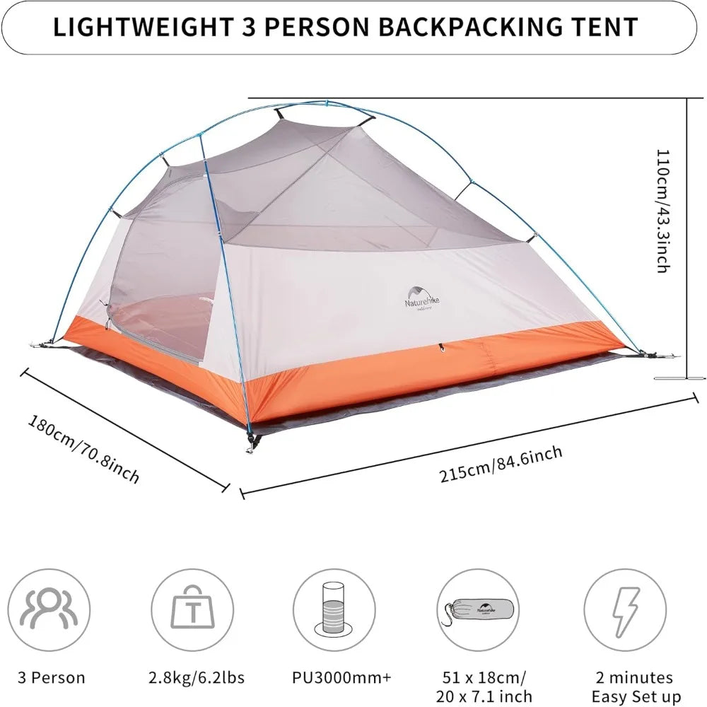 Cloud-Up 3 Person Lightweight Backpacking Tent with Footprint - 3 Season Free Standing Dome Camping Hiking Waterproof Backpack