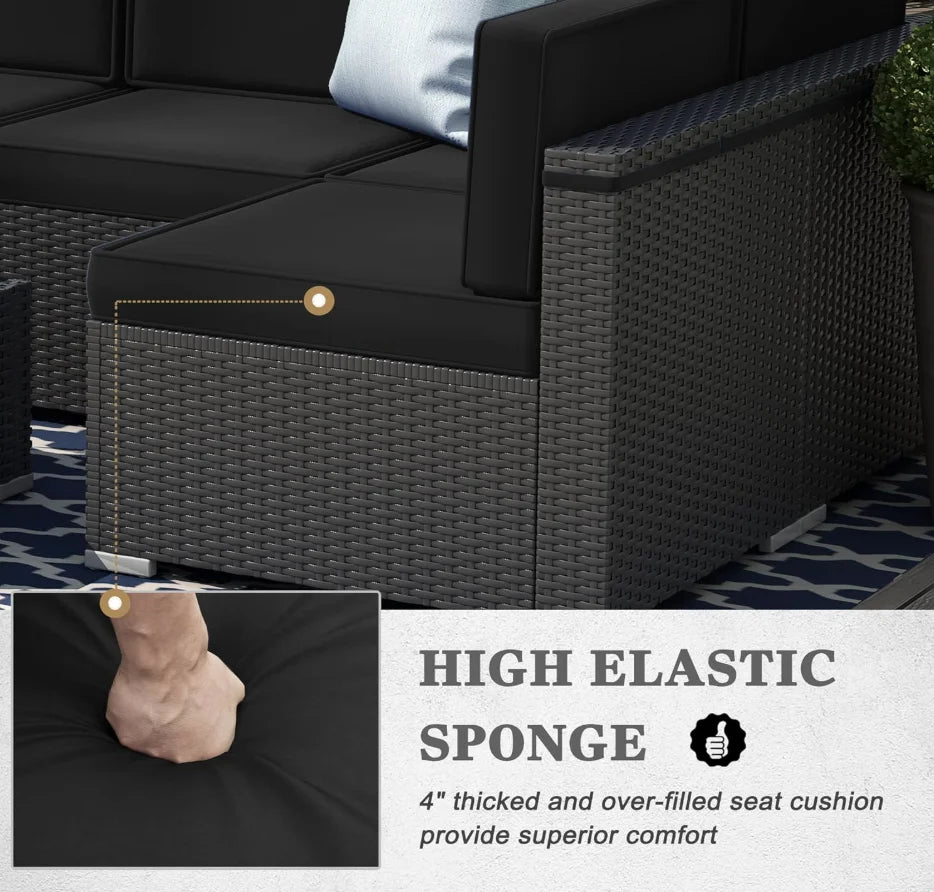 8 Pieces Patio Furniture Set with 44" Propane Gas Fire Pit Table, Outdoor Sectional Wicker Conversation Sofa Sets with Coffee Ta