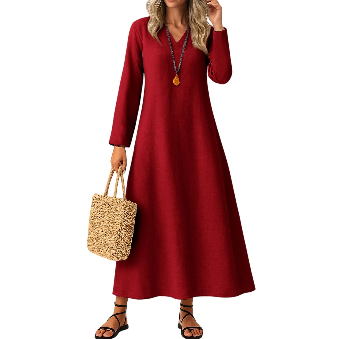 Dress For Women Long Boho Beach Dress Elegant Maxi Dress V-Neck Long Sleeve Dress With Pockets Vestidos Para Mujer Female Dress