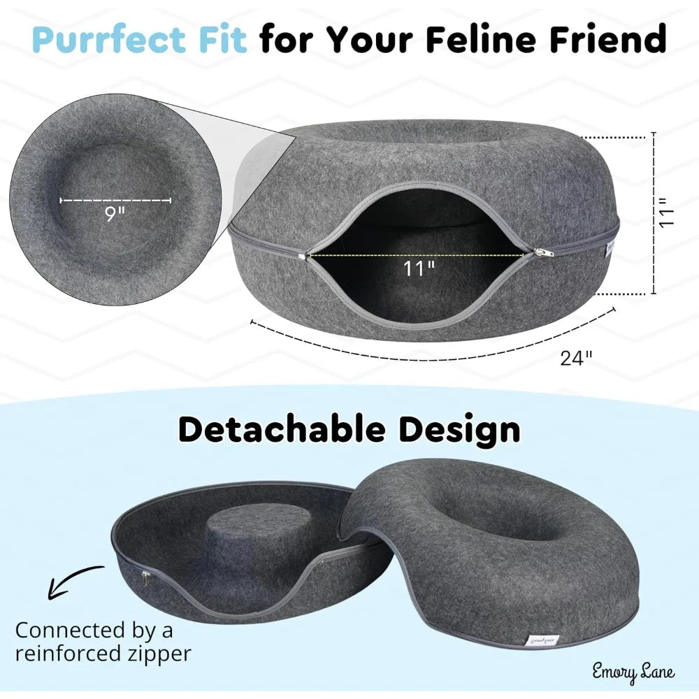 - Premium Cat Cave, Multifunctional Donut Tunnel Bed, Round Felt Cave with Zipper, for Pets up to 40 Lbs (24x24x11 Inch) (Dark