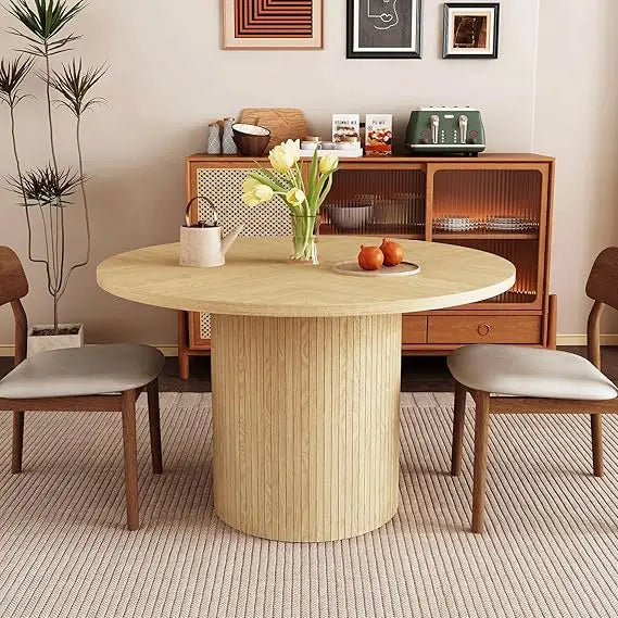 Round Dining Table for 4, Modern Farmhouse Kitchen Table, 47 Inch Small Circle Dining Tables with Wood Strip Base for Kitchen Li