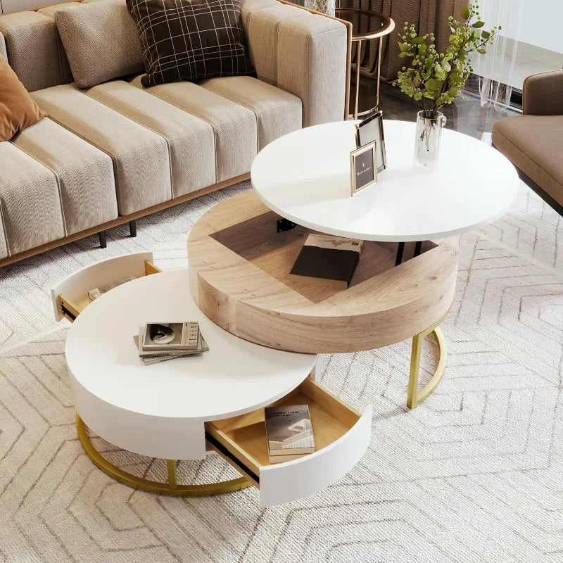 Lift-top Nesting Coffee Tables with 2 Drawers for Living Room White & Natural