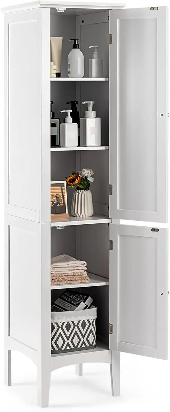 5-Tier Freestanding Bathroom Linen Tower with Wooden Sides and 2 Doors Storage Cabinet