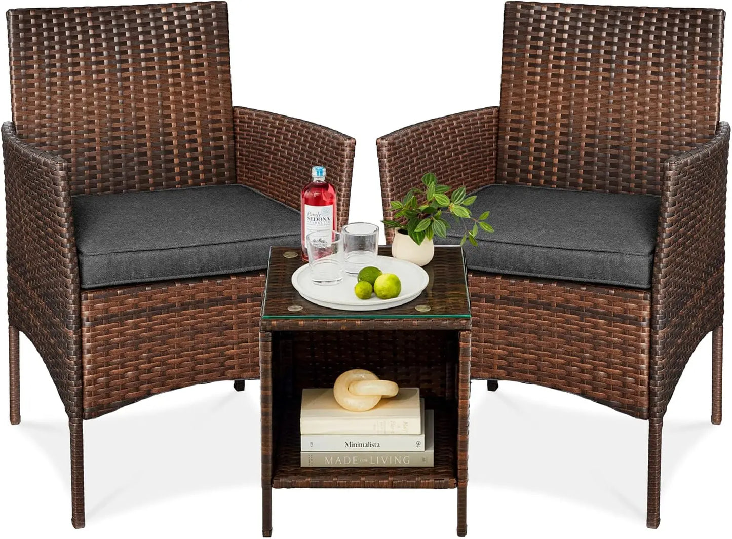 3-Piece Outdoor Wicker Conversation Bistro Set, Space Saving Patio Furniture for Garden w/Side Table