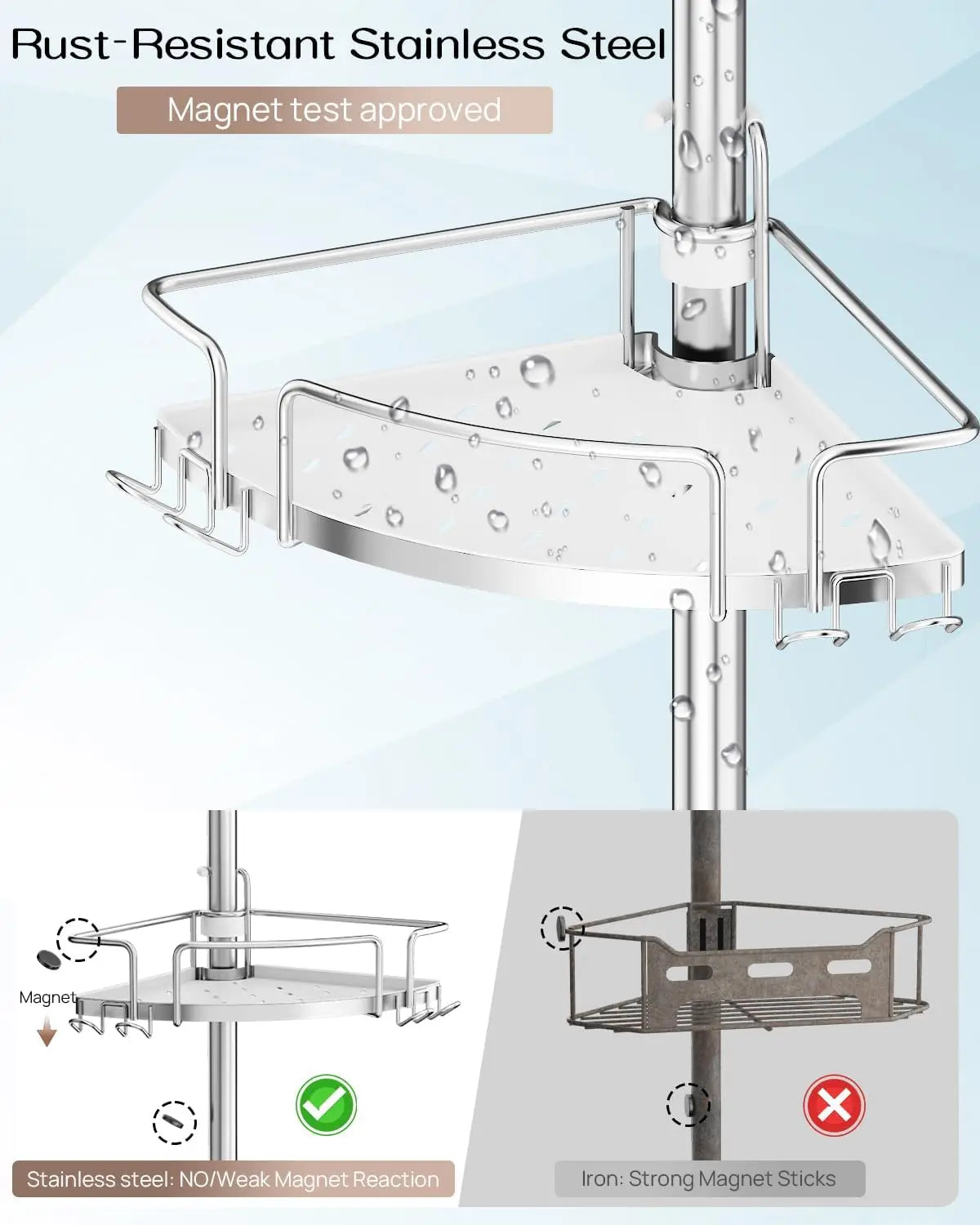 Corner Shower Caddy Tension Pole – Upgraded Rust-Free Stainless Steel Shower Organizer with Adjustable Storage Shelves