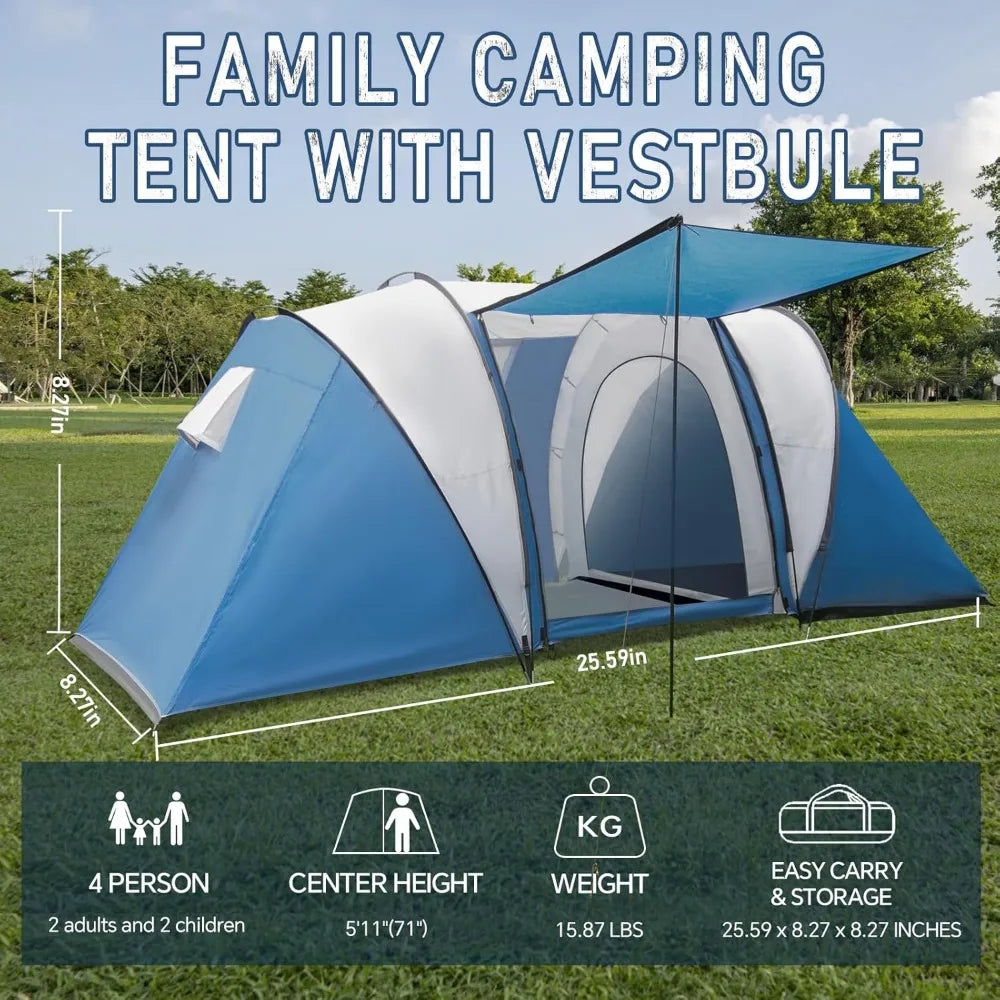 Family-Sized Weatherproof Camping Tent with Porch and Rainfly, 2-Room Easy Setup Shelter for Outdoor Living