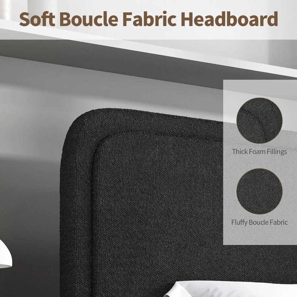 Twin Size Bed Frame, Boucle Upholstered Platform Bed with Headboard, Modern Style, Soft Rounded Corners, No Box Spring Required,