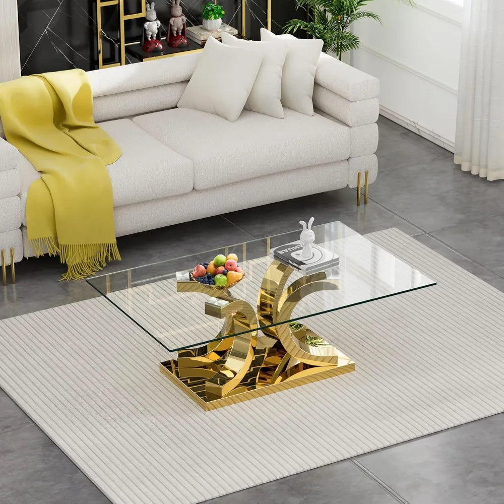 Glass Coffee Table with Gold 4C Stainless Steel Metal Leg, 47" Rectangular Clear Tempered Glass Center Stainless Steel Tea Table