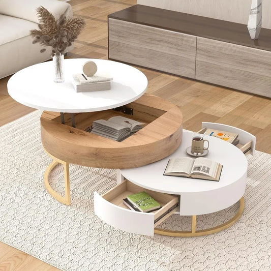 Lift-top Nesting Coffee Tables with 2 Drawers for Living Room White & Natural