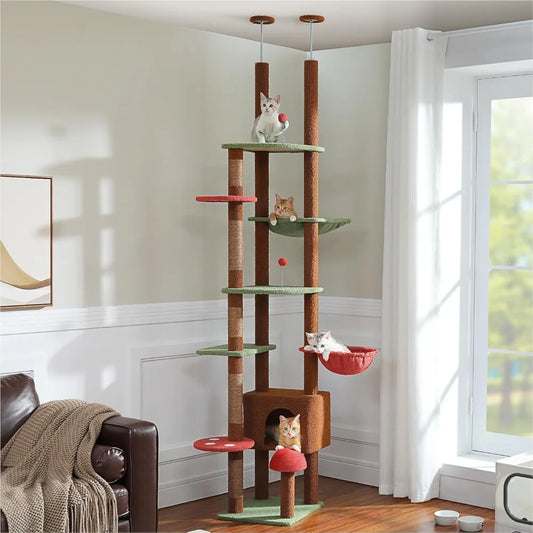 Adjustable Height Cat Tower: 90.5 to 100.4 Inches, Mushroom-Top Climbing Tree with Scratching Posts and Spacious Perch