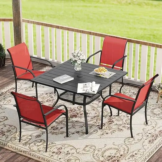 5 Pieces Patio Dining Set, Outdoor Furniture Set Includes 1 Square Outdoor Table and 4 Stackable Patio Sling Chairs, Black Tabl