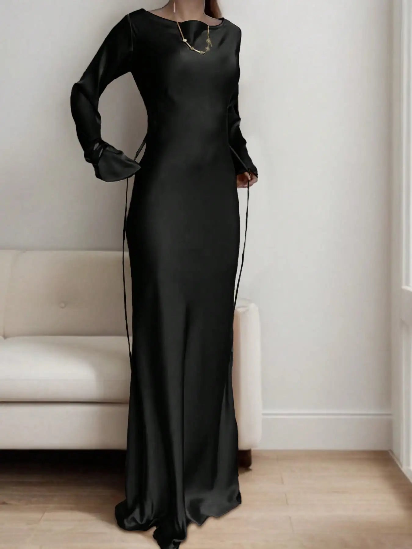 Women's Bespoke Satin Maxi Dress with Corset Waist Tie Classic Round Neck & Dramatic Flared Sleeves Luxury Evening Dress