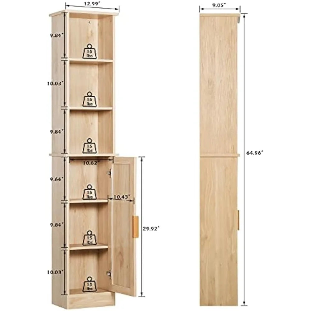 Freestanding Wooden Bathroom Storage Cabinet with Door and 6 Adjustable Shelves, Slim Design for Linen Organization