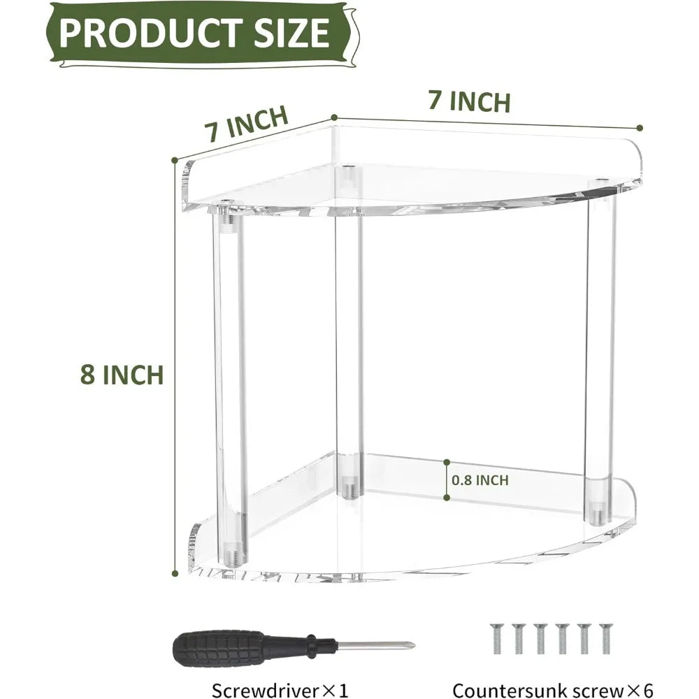 2 tier countertop corner organizer shelf 7x7x8 inch, acrylic bathroom organizer corner shelf for countertop, clear vanity storag