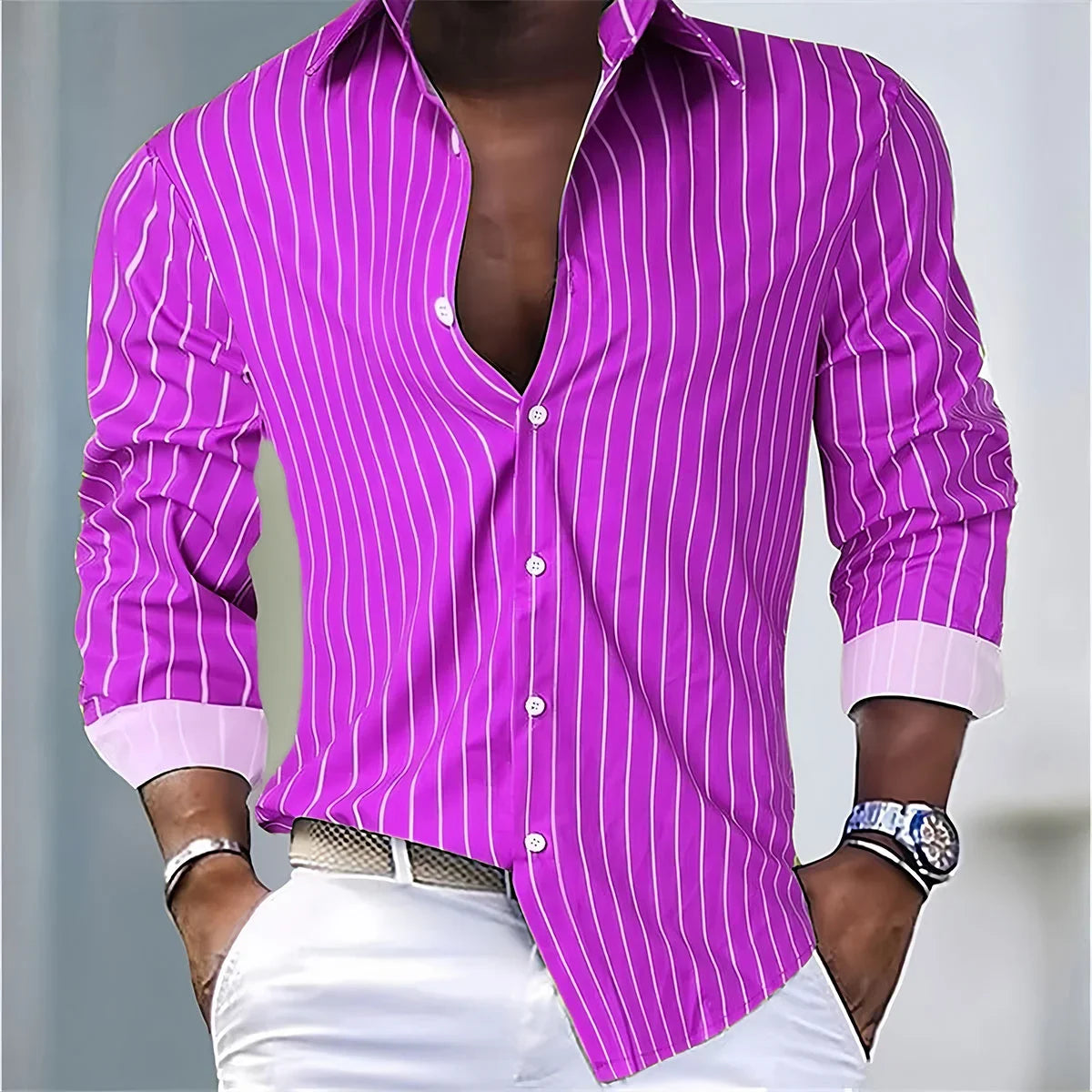 Men's Fashion Loose Striped Shirt 16 Colors Shirt Casual Breathable Lapel Button Long Sleeve Shirt Top Comfortable Soft Fabric