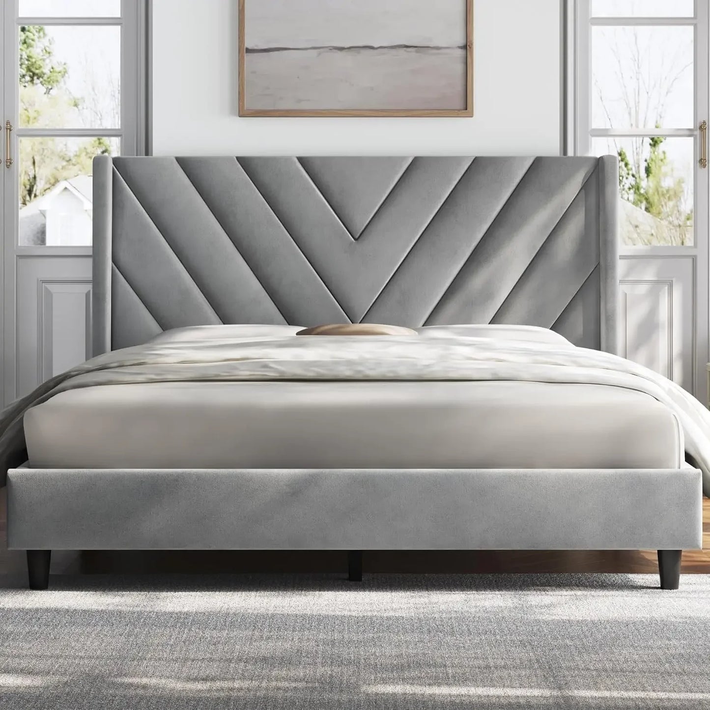Bed with Wing Side/Wooden Slat Support/Tufted Headboard with Wing Side/Mattress Foundation,Light Gray Queen Bed