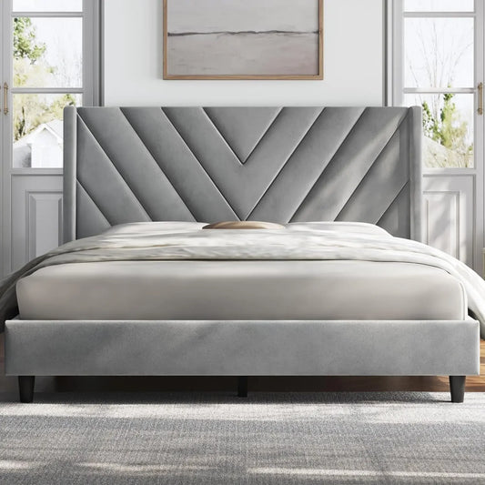 Bed with Wing Side/Wooden Slat Support/Tufted Headboard with Wing Side/Mattress Foundation,Light Gray Queen Bed