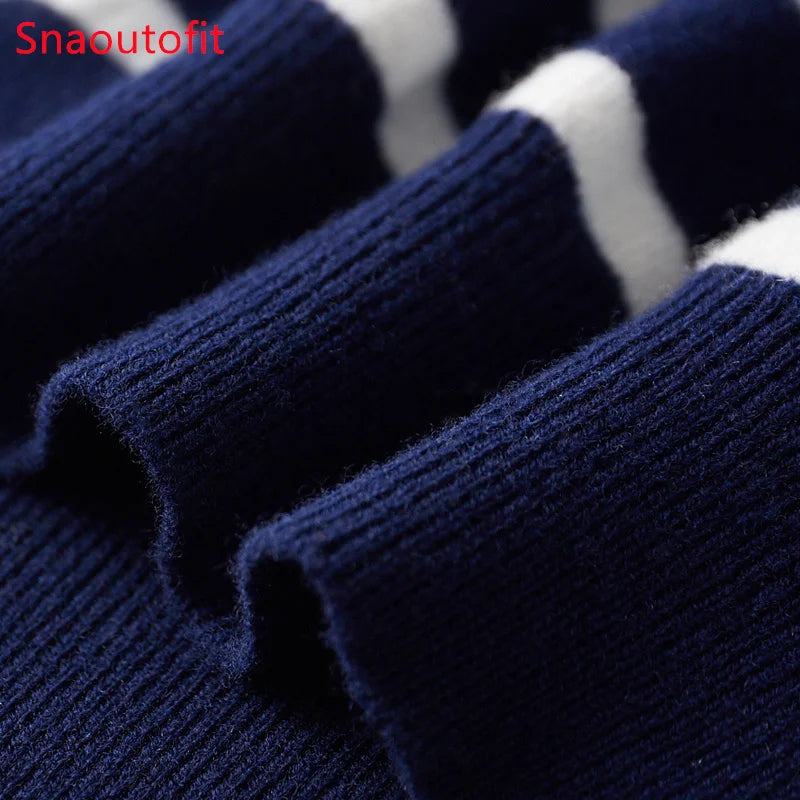Men's New 100% Pure Wool Sweater O-neck Navy Style Striped Top Spring and Autumn Loose Youth Business Casual Cashmere Sweater