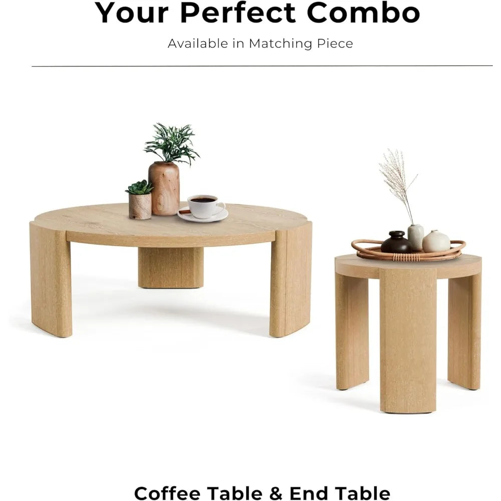 Carys Modern Solid Wood 42-inch Round Coffee Table with Plinth Base, Living Room Furniture for Small Space, Home Office, Oak