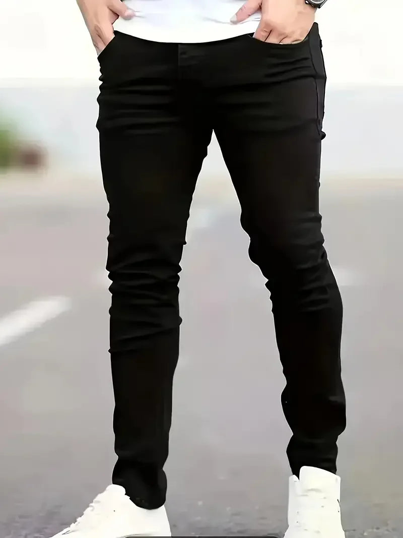 Men's Slim-Fit Black Jeans - Stretch Denim, Mid-Rise, Casual Skinny Pants for All Seasons