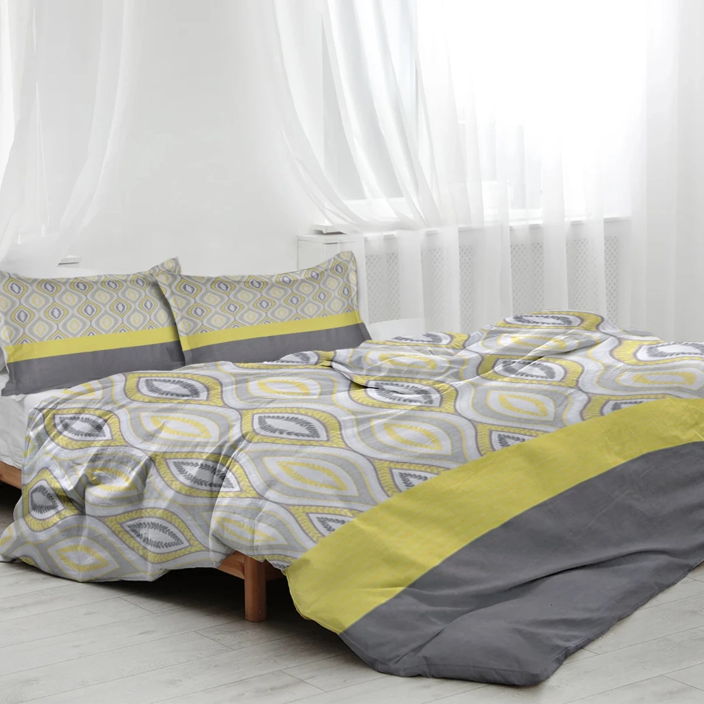 Cozy Gray-yellow Shape Design Bedding Set with Decorative 3 Pieces Duvet Cover and 2 Pillow Shams for Family Bed Bed sheet Stich