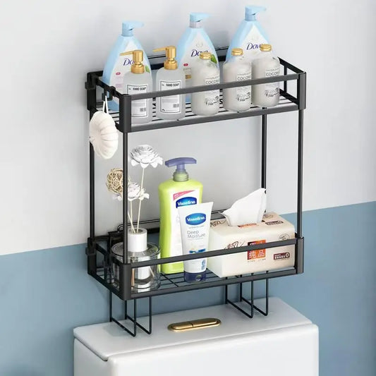 Double-layer toilet storage rack, bathroom storage rack, multi-functional toilet rack, no drilling required, space-saving ，black