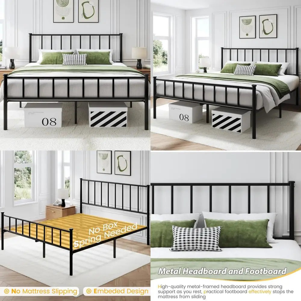 Metal Queen Bed Frame with Headboard, Footboard, Slat Support, Underbed Storage, No Box Spring Needed