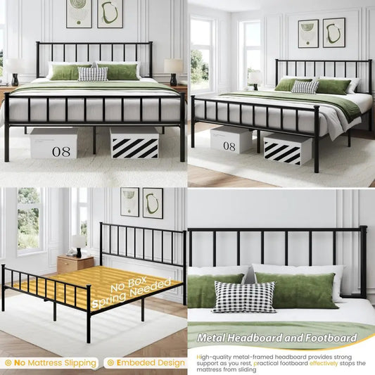 Metal Queen Bed Frame with Headboard, Footboard, Slat Support, Underbed Storage, No Box Spring Needed