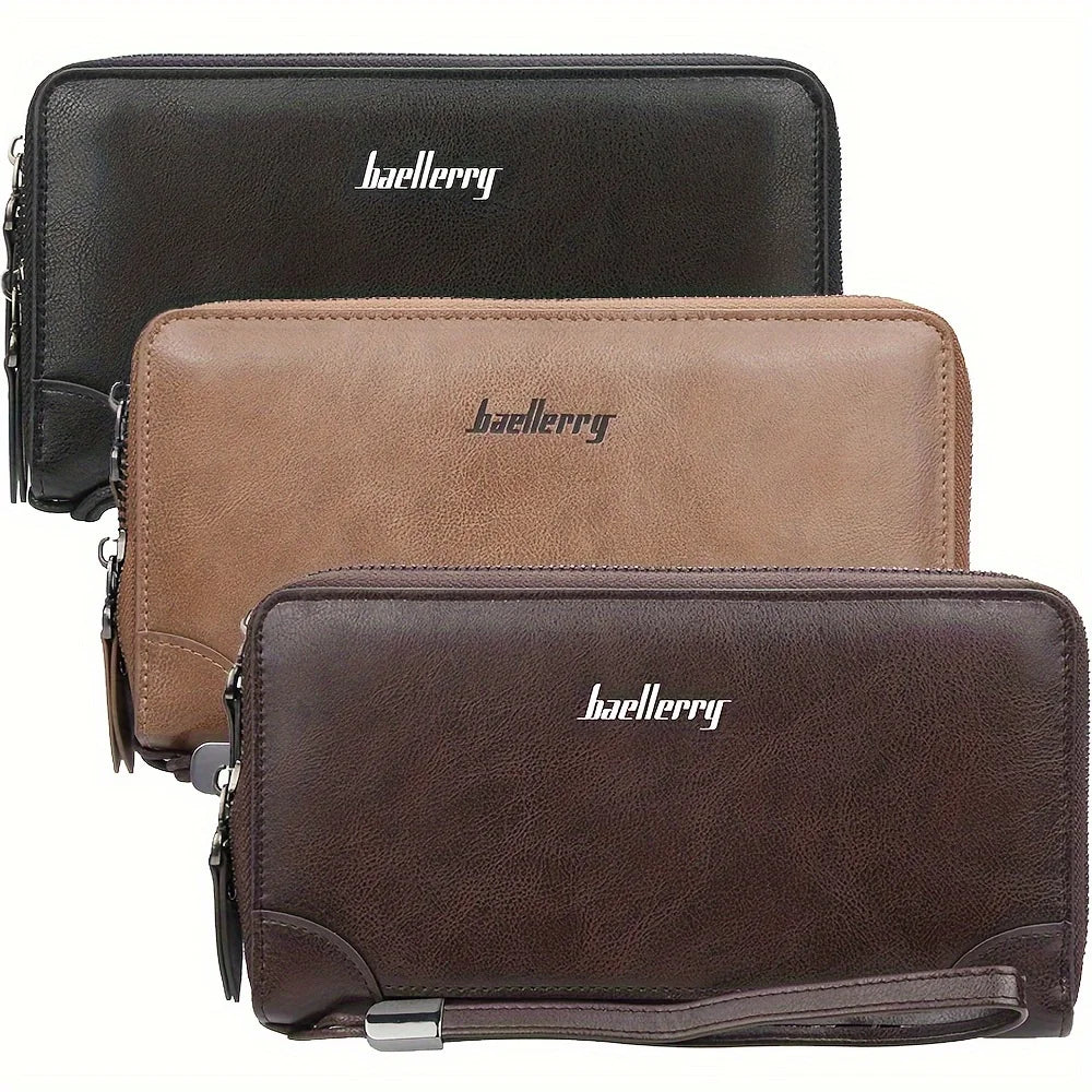 Men's Business Long Wallet, PU Leather Large Capacity Clutch Bag, Mobile Phone Bag With Wristlet, Double Zipper Handbag