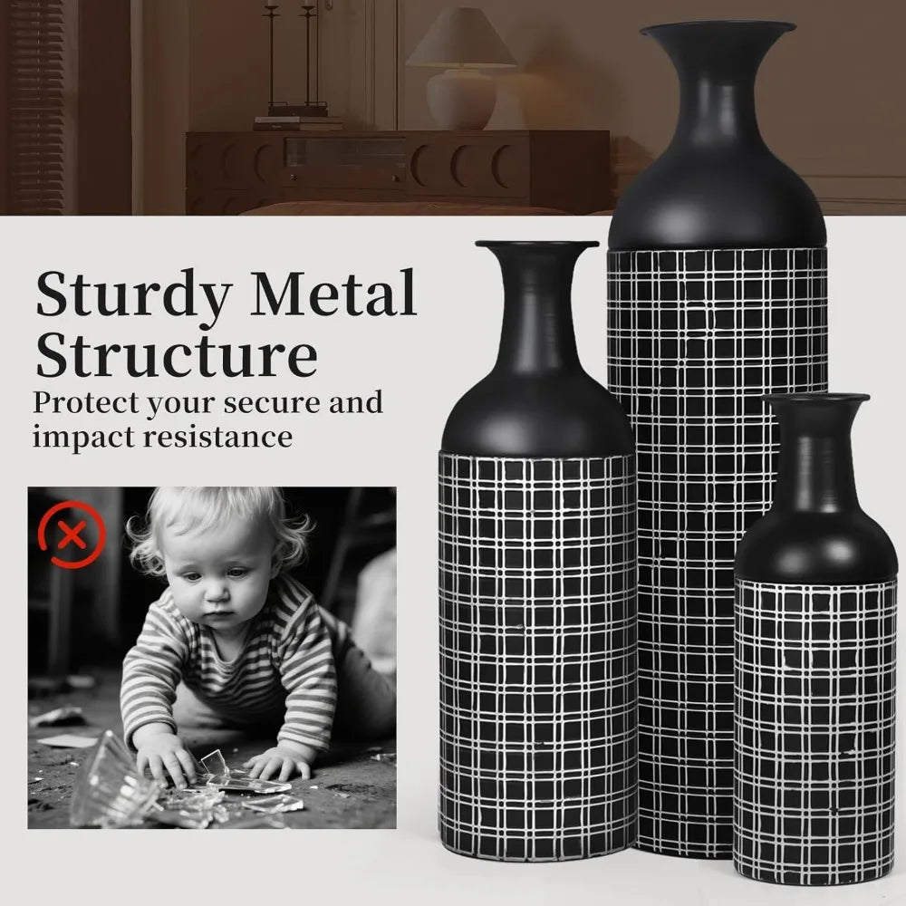 Tall Floor Vase Set of 3, Large Black Metal Vase with Minimalist White Lines & Detachable Vases Mouth, Big Modern Decorative Vas