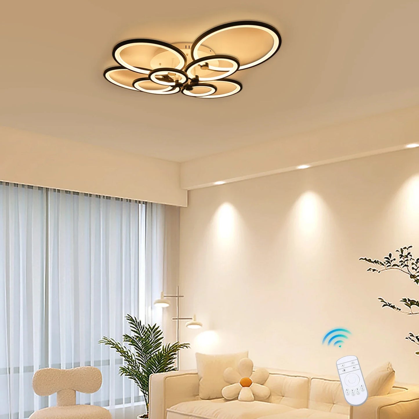 Modern LED Ceiling Light Fixture w/ Remote Control, Clear Acrylic Shade, Semi Flush Mount Ceiling Light Chandelier 8 Head