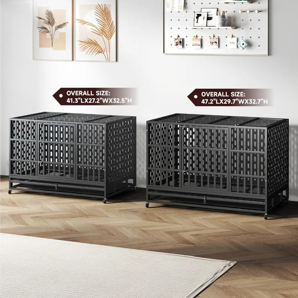 48/42 Inch Heavy Duty Indestructible Dog Crate Steel Escape Proof, Indoor Double Door High Anxiety Cage, Kennel with Wheels, Rem