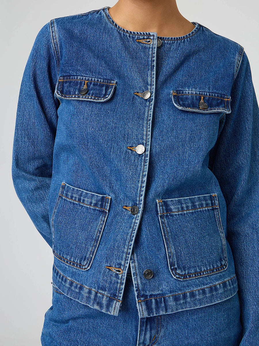 Ladies Classic Blue Denim Jacket with Round Neckline Long Sleeves and  Fit Button Down Design - Stylish Jean Coat