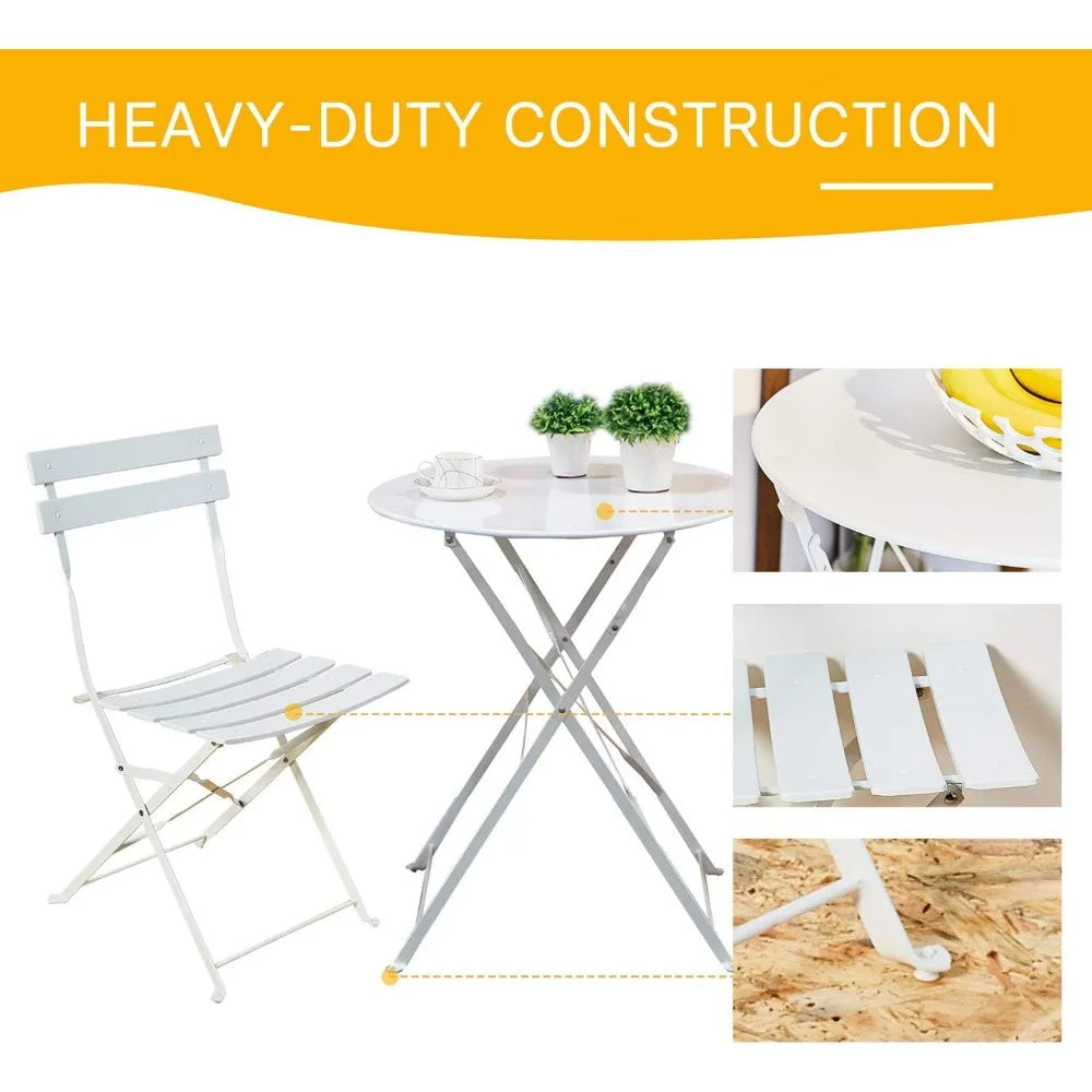 3-Piece Folding Bistro Set, 2 Chairs and 1 Table, Weather-Resistant Outdoor/Indoor Conversation Set for Patio, Yard, Garden-Whi