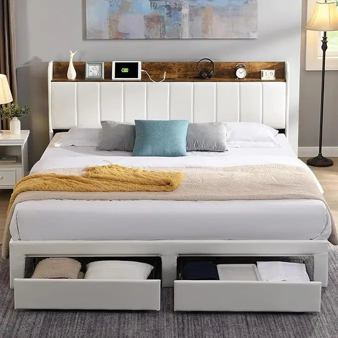 Queen Bed Frame with Headboard & Charging Station, Upholstered Platform Bed Frame with 2 Storage Drawers, Sturdy Wooden Slats Su