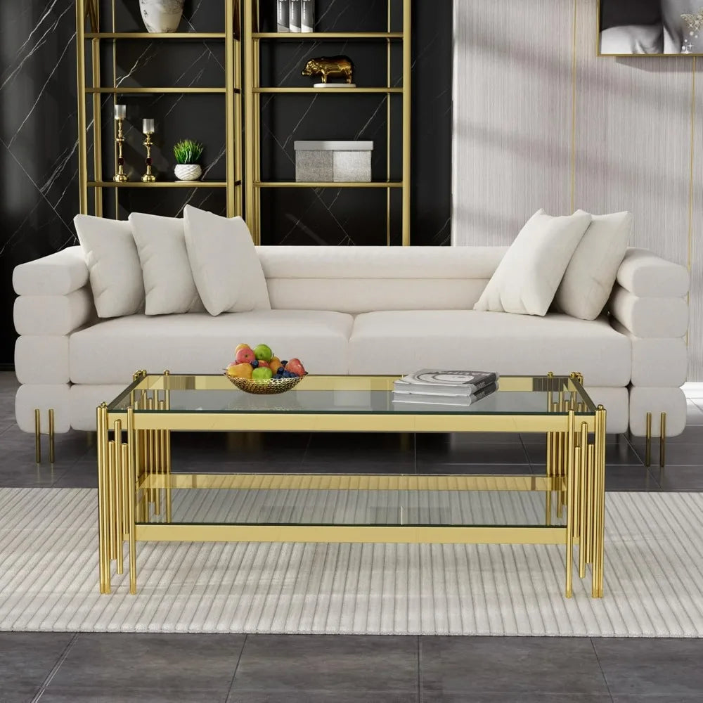 Modern Glass Coffee Table 47" Gold Center Table with Tempered Glass Top and Mirror Finish Stainless Steel Legs, Luxury Rectangu